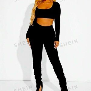 Women's Stretchy Side Split Hem Flare Size S/M Stacked Skinny Shiny Black Pants